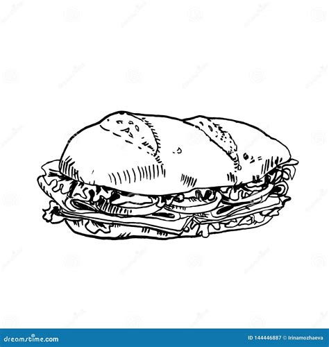 Hand Drawn in Ink Sketch Sub Sandwich. Vector Black and White Vintage Illustration. Isolated ...