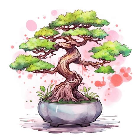 Premium AI Image | A drawing of a bonsai tree in a pot with a pink watercolor stain.