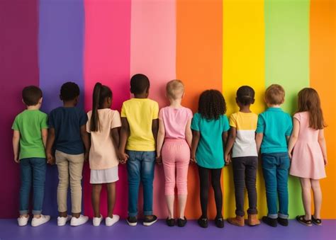 Premium Photo | A group of children holding hands and standing in front of a colorful background