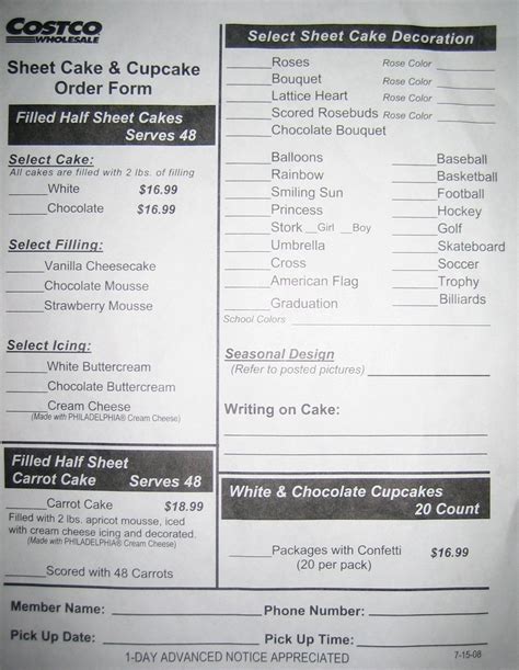 Costco Cake Order Form Printable