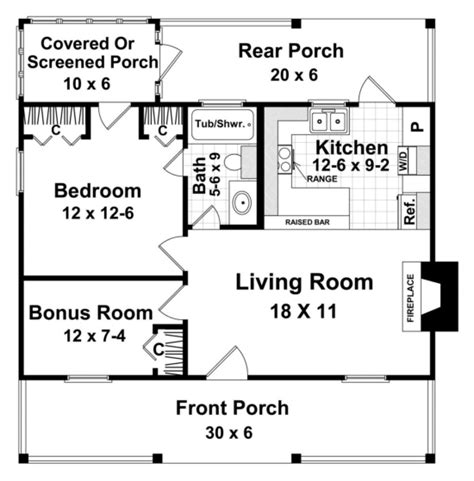 Cottage Plan: 600 Square Feet, 1 Bedroom, 1 Bathroom - 348-00166