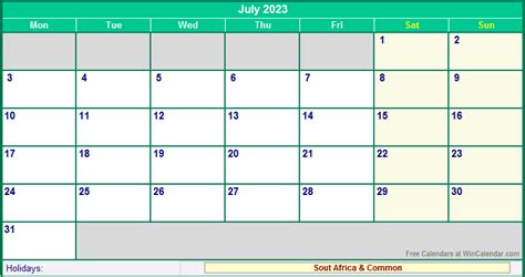 July 2023 South Africa Calendar with Holidays for printing (image format)