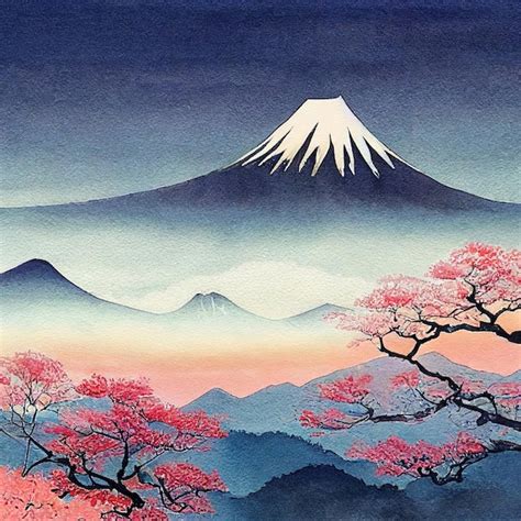 Premium Photo | Watercolor Japan Mount Fuji with blooming skaura Digital art