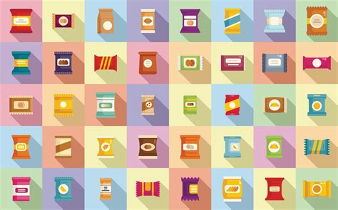 Snack pack icons set flat vector. Candy bag 19053411 Vector Art at Vecteezy