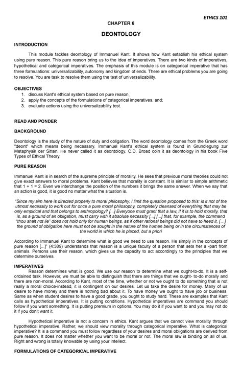 Chapter 6- Deontology - ETHICS 101 - CHAPTER 6 DEONTOLOGY INTRODUCTION This module tackles - Studocu