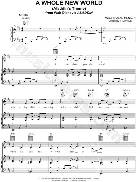 "A Whole New World (Aladdin's Theme)" from 'Aladdin' Sheet Music in D ...