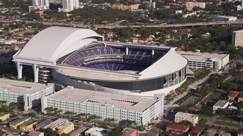 5K stock footage aerial video of flying by Marlins Park Stadium, Miami, Florida Aerial Stock ...