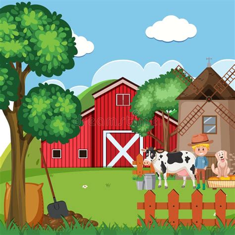 Farm Scene with Farmer and Animals on the Farm Stock Vector ...