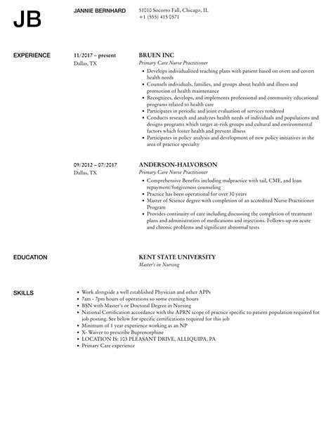 Primary Care Nurse Practitioner Resume Samples | Velvet Jobs