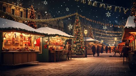 A desktop wallpaper of a Christmas market at night