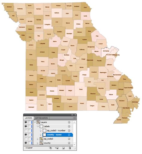 Missouri three-digit ZIP code vector map in 4 layers