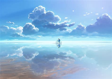 Man riding bicycle on mirror surface of sky anime, bicycle, clouds, reflection HD wallpaper ...