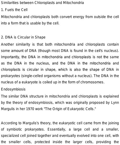 Write all the similarities and differences between chloroplast and mitochondria in their ...