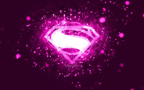 Superman purple logo, , purple neon lights, creative, purple abstract background, Superman logo ...