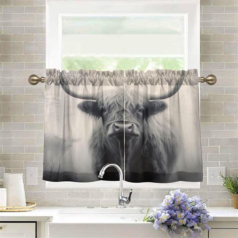 Highland Cow Kitchen Curtains 36 Inch Length Blackout Thermal Insulating Tier Curtains with Rod ...