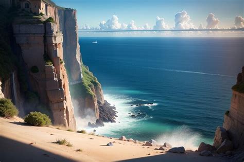 Premium AI Image | A painting of a cliff with a cliff in the background