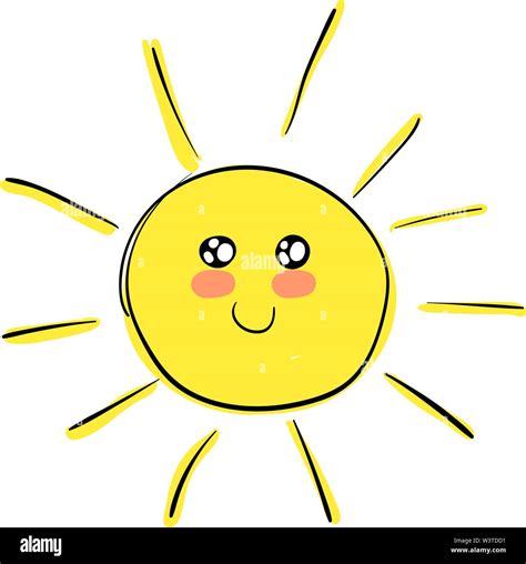 A cartoon of a happy and cute sun with rosy cheeks and sparkling eyes, vector, color drawing or ...