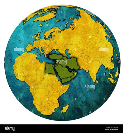 Territory and borders of middle east region on globe map isolated over ...