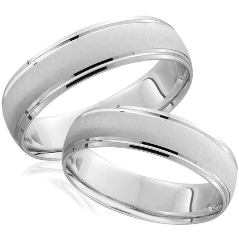 White Gold Brushed Wedding Band Set Matching Mens Womens Rings 14k 6/5MM