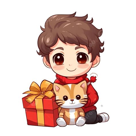 Cartoon Cute Christmas Boy And Cat Open Gift Box Vector, Christmas Cat, Christmas Kids ...