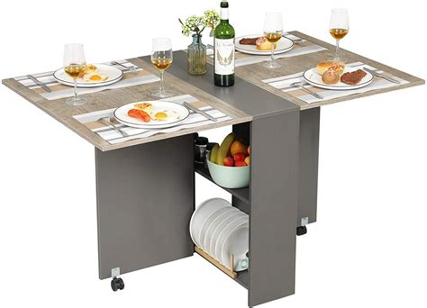 Folding Dining Table with 2 Storage Racks, Drop Leaf Table with 6 Wheels, Multifunction ...