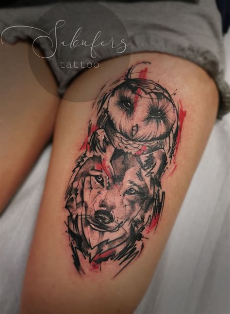 Owl and Wolf tattoo on women leg. Done at collective art tattoo studio ...