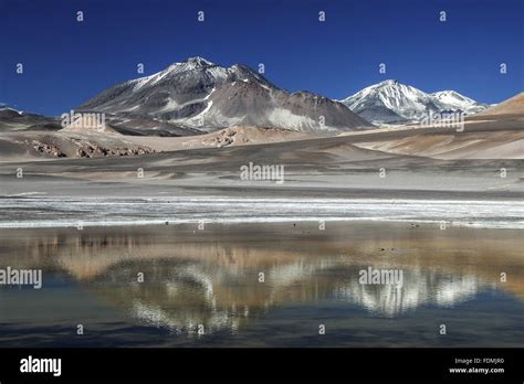 Reflection of the Volcano Ojos del Salado in snow covered pond Stock Photo - Alamy