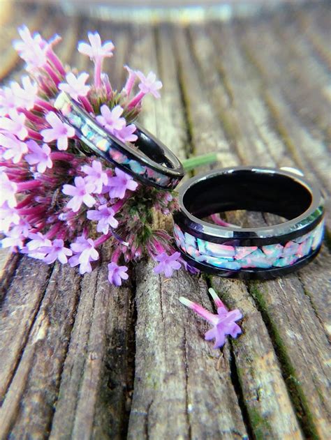 Black Ceramic Wedding Band Set With White Fire Opal Inlay - Etsy