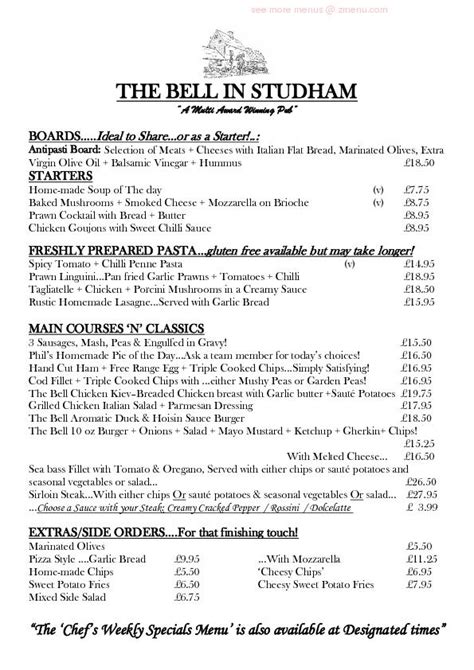 Menu at The Bell pub & bar, Studham