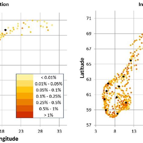 Population density heat map of Norway (left) and incident frequencies ...