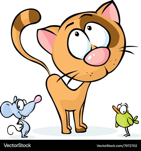 Cute animal - cat mouse and bird cartoon Vector Image