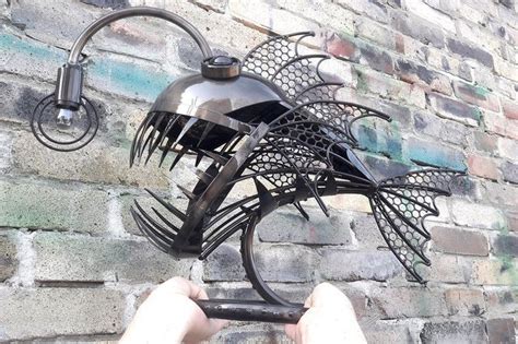 Table lamp Angler fish. Art Metal sculpture. Steampunk lamp. Statuette Metal Angler fish. Art ...