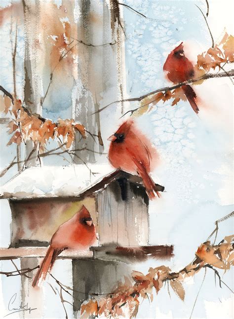 Northern Cardinals and Birds Feeder Original Watercolor Painting, Winter Scene with Birds Art by ...