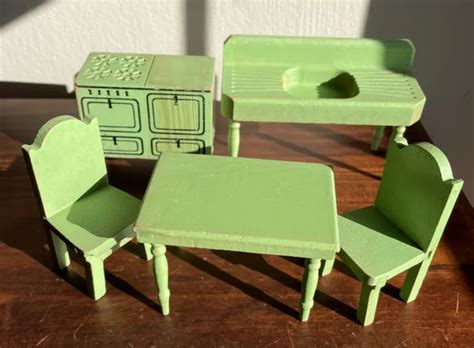 VINTAGE STROMBECKER WOOD Doll Furniture Green Kitchen Table Chairs Sink Stove $24.99 - PicClick