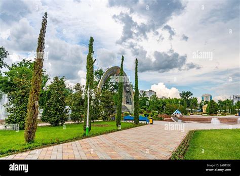 Dushanbe Abu Abdullah Rudaki Park Statue Picturesque View with Fountain on a Cloudy Rainy Day ...