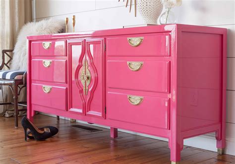 How to get High Gloss Painted Finish on Vintage Wood Dresser-Peony Pink Dresser