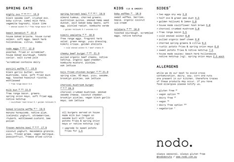 Menu at Nodo cafe, Brisbane City, 1 Ella St