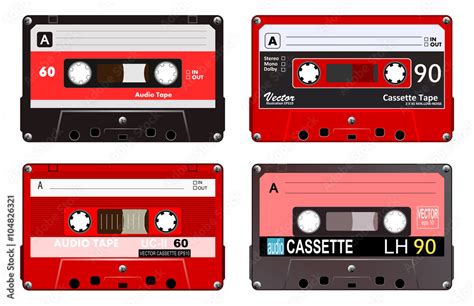 Collection of four plastic audio cassettes tape. Different colorful music tapes. Red set. old ...