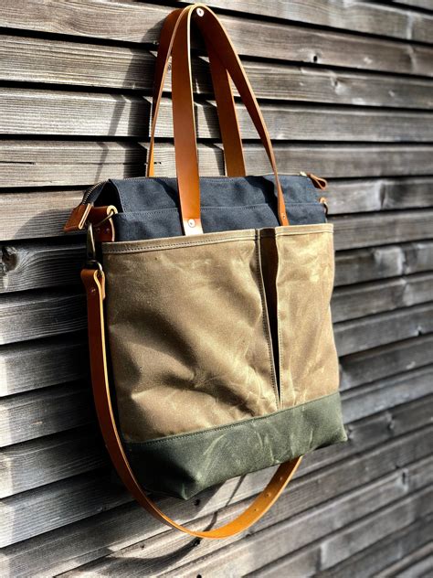 Waxed Canvas Tote Bag / Office Bag With Leather Handles and Shoulder ...