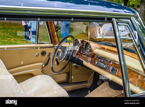 BADEN BADEN, GERMANY - JULY 2019: beige leather interior of MERCEDES-BENZ W111 280SE 280 SE ...