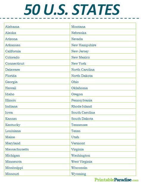 Printable List of 50 US States | 50 states of usa, States, U.s. states