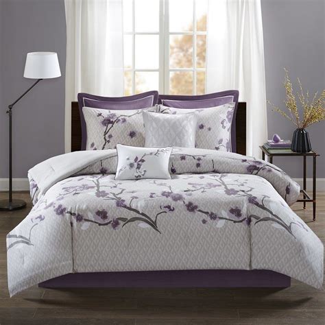 8pc Purple & Grey Floral Cotton Comforter Set AND Decorative Pillows ...