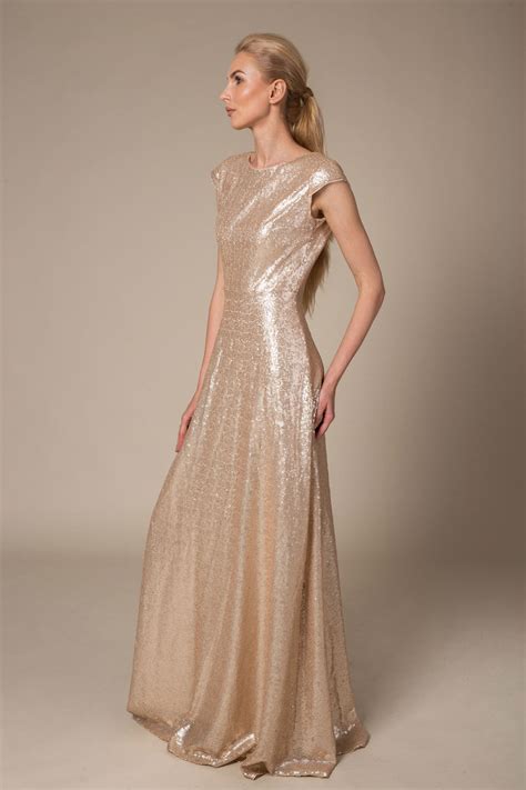 Gold sequin maxi dress with capped sleeves - Le Parole