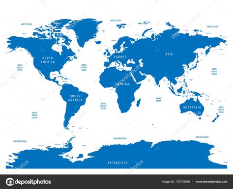 Mapa oceanográfico del mundo con etiquetas de océanos, mares, golfos, bahías y estrechos. Mapa ...