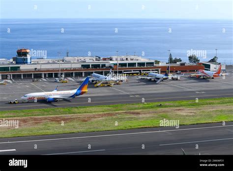 Funchal Airport passengers terminal exterior view. Madeira Airport ramp ...