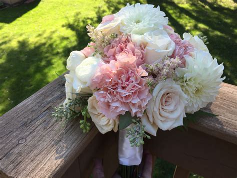 Bridal bouquet with carnations, roses and dahlias | Carnation bouquet, Wedding flowers, Rose bouquet