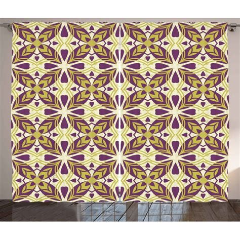 Geometric Curtains 2 Panels Set, Oriental Style Geometric Pattern with Floral Leaves Heart ...