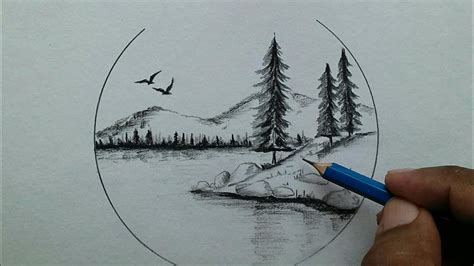 Nature scenery drawing easy step by step / pencil sketch scenery for ...