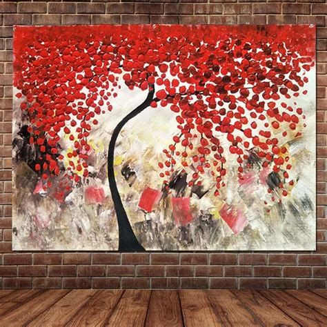 Hand Painted Abstract Red Flower Tree Canvas Oil Painting Thick Textured Canvas Flower Painting ...