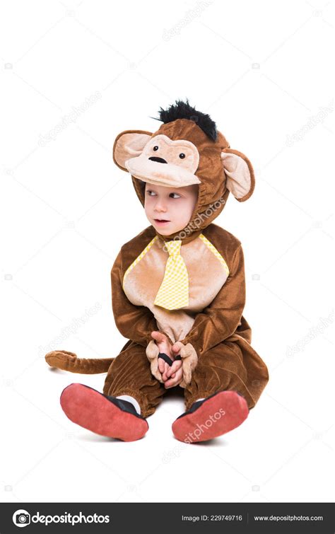 Thoughtful Little Boy Monkey Costume Isolated White Stock Photo by ...